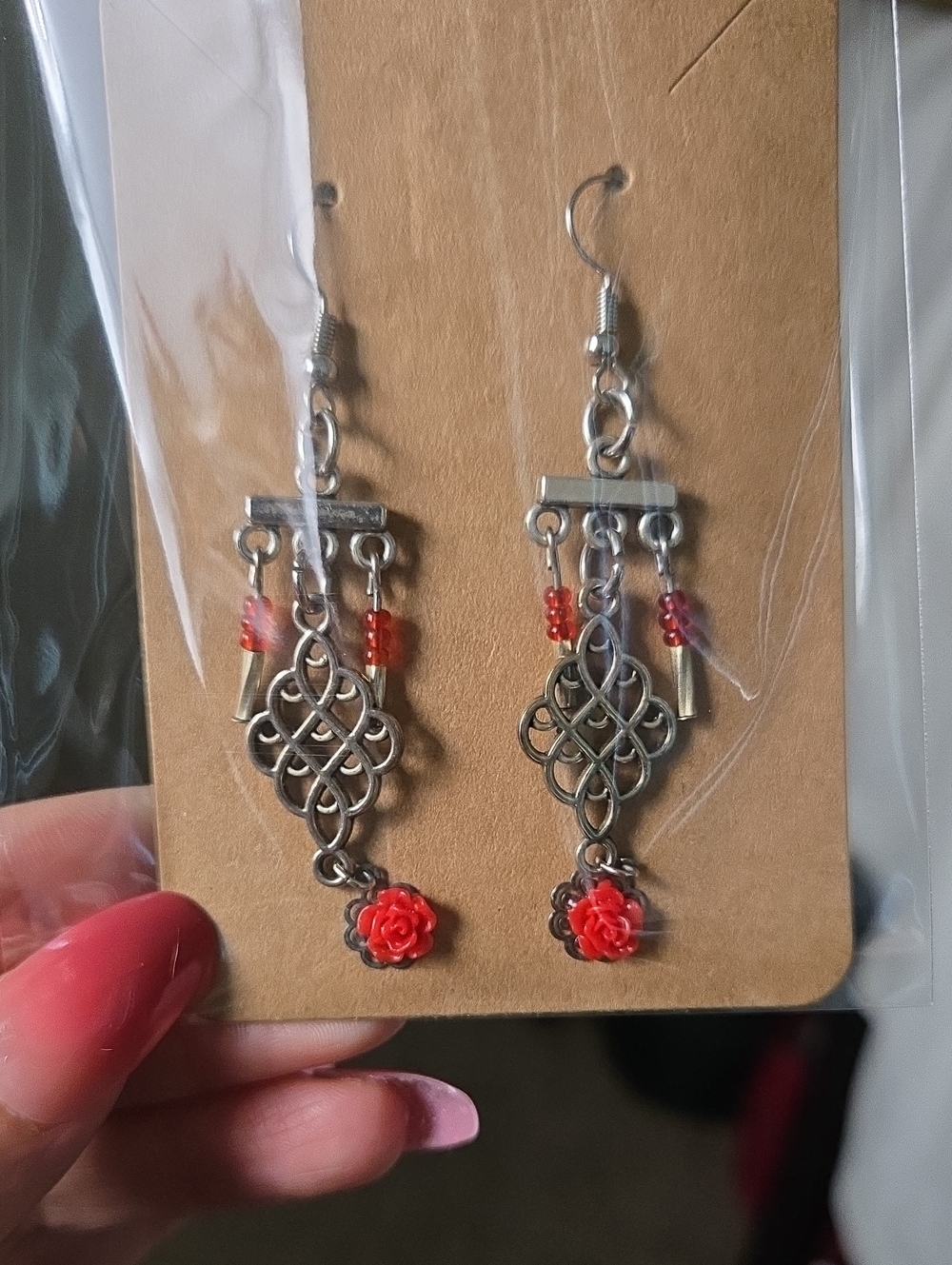 Vintage Silver Filigree Dangle Earrings with Red Rose Charms